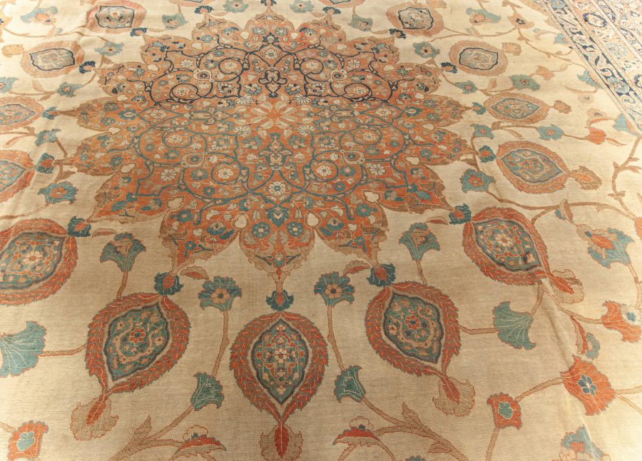 Large 19th Century Persian Tabriz Ivory, Blue, Gold and Green Handmade Wool Rug BB5576