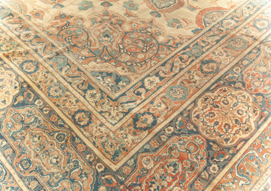 Large 19th Century Persian Tabriz Ivory, Blue, Gold and Green Handmade Wool Rug BB5576