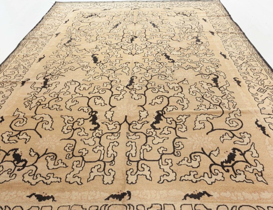 Vintage Chinese Botanic Beige and Black Handmade Wool Rug BB5611