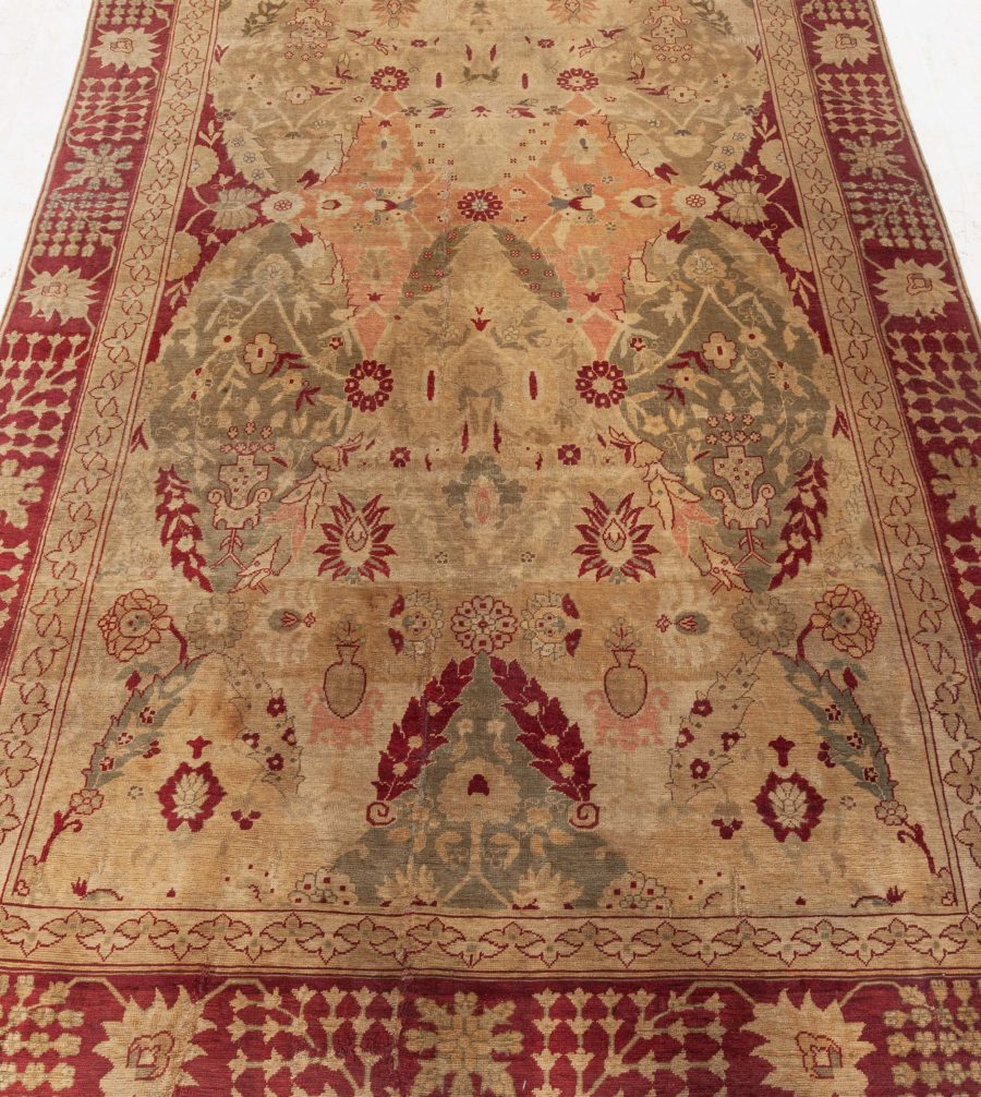 19th Century Turkish Hereke Rug in Burgundy, Earthy Taupe, Green and Brown BB5636