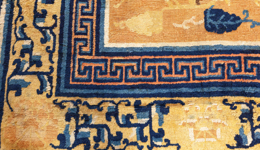 Authentic 19th Century Chinese Beige, Brown, Blue and White Handwoven Wool Rug BB5654