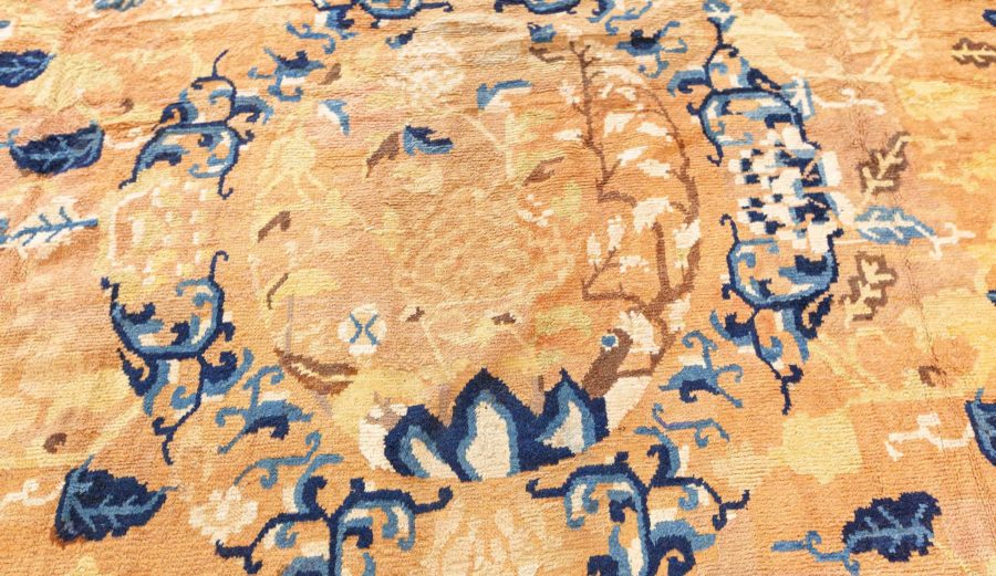 Authentic 19th Century Chinese Beige, Brown, Blue and White Handwoven Wool Rug BB5654