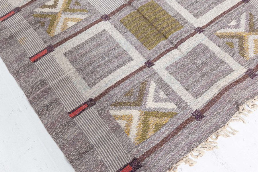 Mid-20th century Swedish Geometric Brown, Gray, Green Flat-Weave Wool Rug by Konstfliten-Bohusslöj BB5695