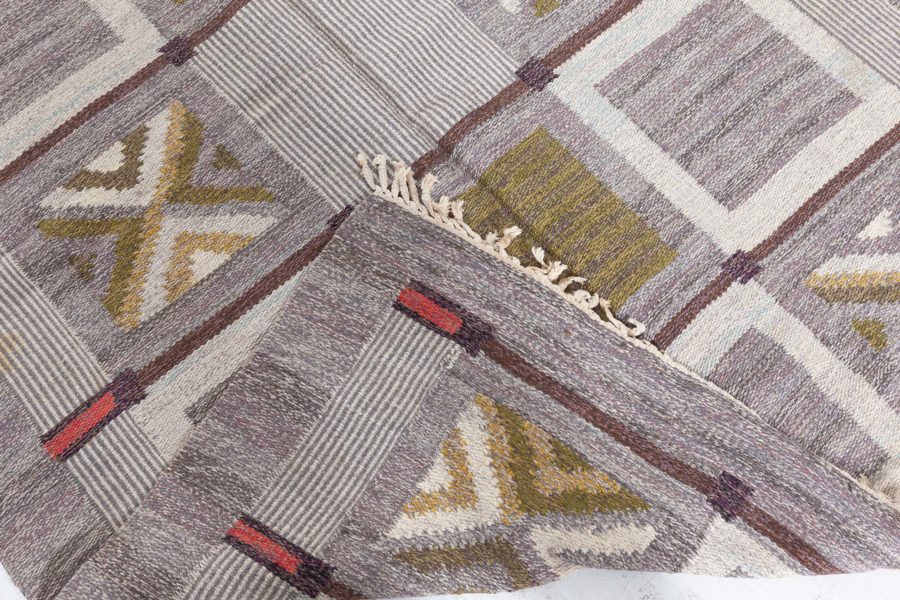 Mid-20th century Swedish Geometric Brown, Gray, Green Flat-Weave Wool Rug by Konstfliten-Bohusslöj BB5695