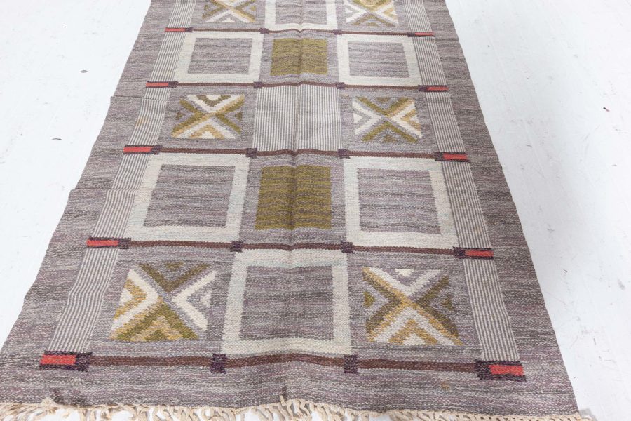 Mid-20th century Swedish Geometric Brown, Gray, Green Flat-Weave Wool Rug by Konstfliten-Bohusslöj BB5695