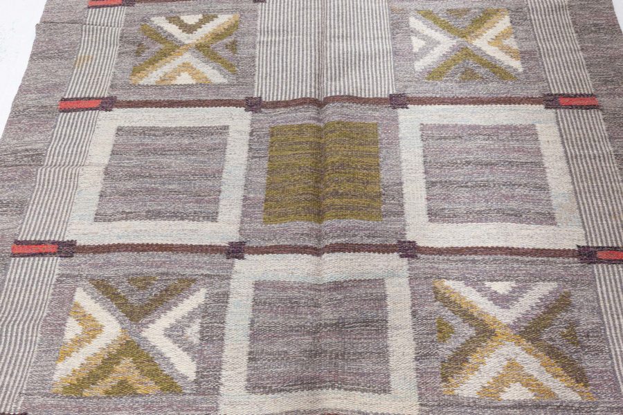 Mid-20th century Swedish Geometric Brown, Gray, Green Flat-Weave Wool Rug by Konstfliten-Bohusslöj BB5695