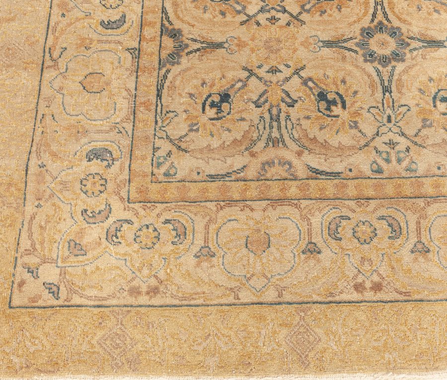 Antique Persian Tabriz Inky Blue, Soft Yellow, Beige Hand Knotted Wool Rug BB5754
