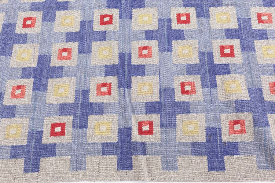 Midcentury Swedish Blue, Red, Yellow and Beige Flat-Woven Wool Rug BB5802