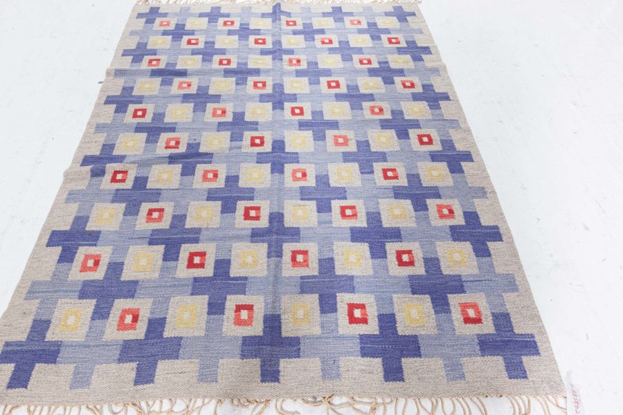 Midcentury Swedish Blue, Red, Yellow and Beige Flat-Woven Wool Rug BB5802