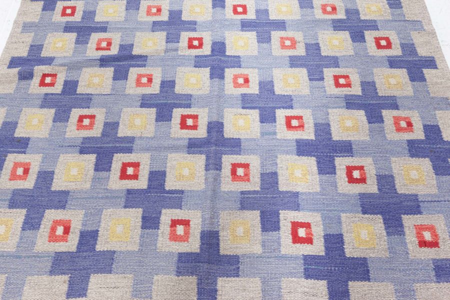 Midcentury Swedish Blue, Red, Yellow and Beige Flat-Woven Wool Rug BB5802