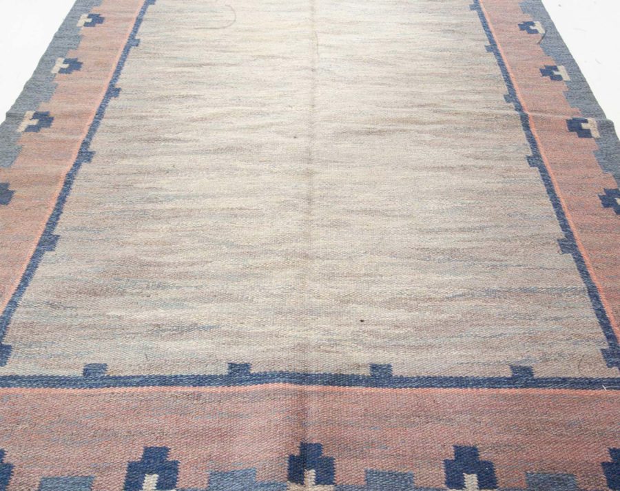 Swedish Midcentury Light Gray, Blue and Pink Handwoven Wool Rug by “ABJ” BB5811