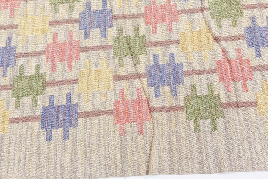 Mid-20th Century Swedish Beige, Blue, Green, Red and Gray Flat-Weave Wool Rug BB5840