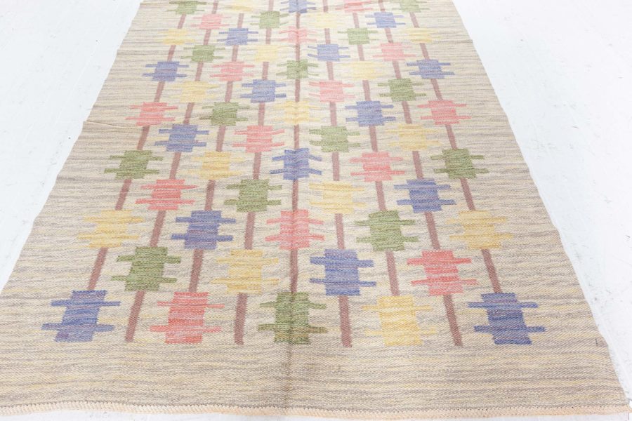 Mid-20th Century Swedish Beige, Blue, Green, Red and Gray Flat-Weave Wool Rug BB5840