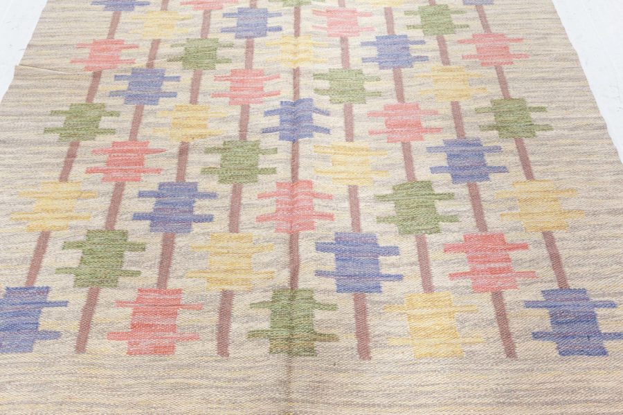 Mid-20th Century Swedish Beige, Blue, Green, Red and Gray Flat-Weave Wool Rug BB5840