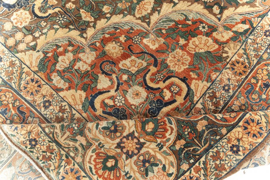 Early 20th Century Persian Kirman Bold Botanic Brown Green Yellow Wool Rug BB5894