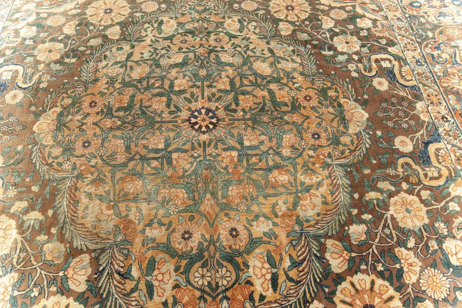 Early 20th Century Persian Kirman Bold Botanic Brown Green Yellow Wool Rug BB5894