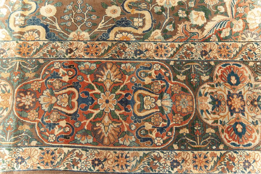 Early 20th Century Persian Kirman Bold Botanic Brown Green Yellow Wool Rug BB5894