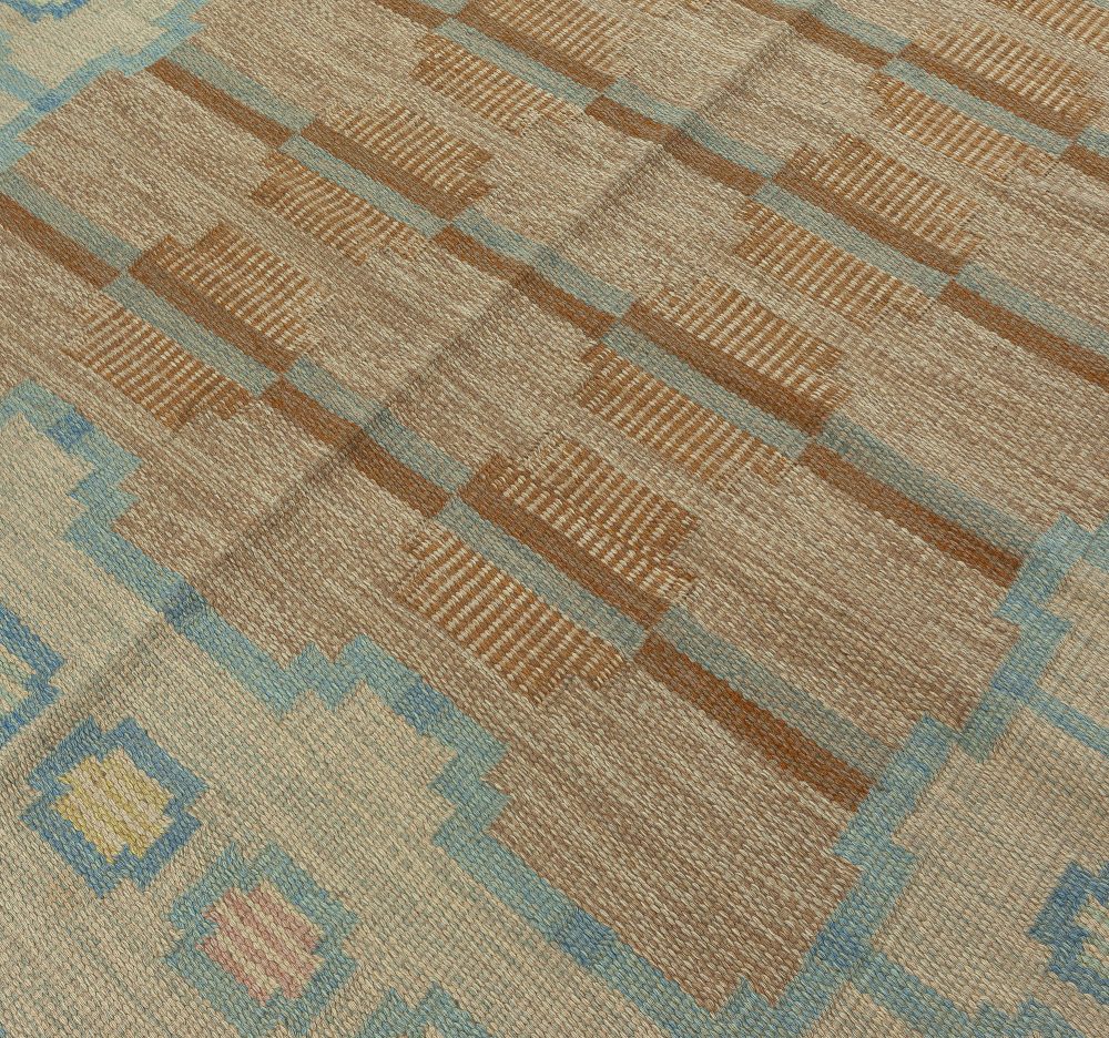 Mid-20th Century Beige, Aqua, Brown Swedish Flat-Weave Wool Rug Signed by AGA BB5910