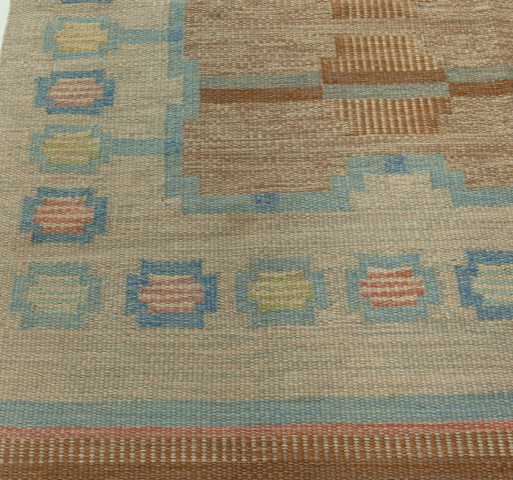 Mid-20th Century Beige, Aqua, Brown Swedish Flat-Weave Wool Rug Signed by AGA BB5910