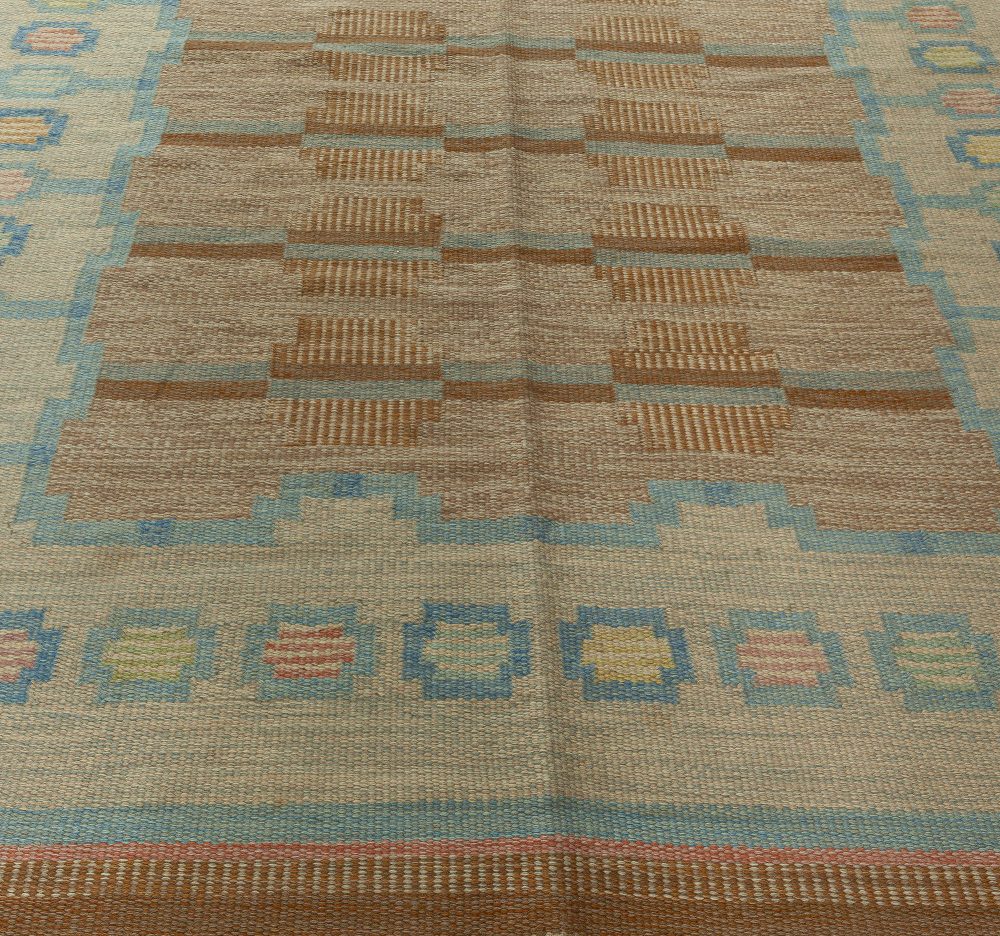 Mid-20th Century Beige, Aqua, Brown Swedish Flat-Weave Wool Rug Signed by AGA BB5910