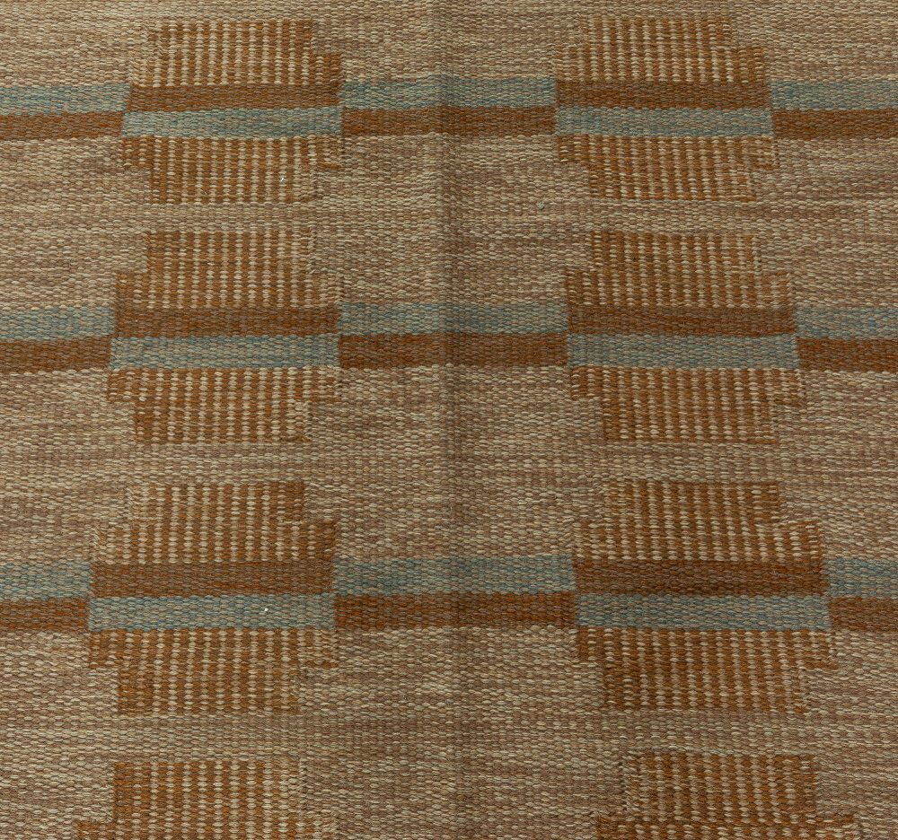 Mid-20th Century Beige, Aqua, Brown Swedish Flat-Weave Wool Rug Signed by AGA BB5910