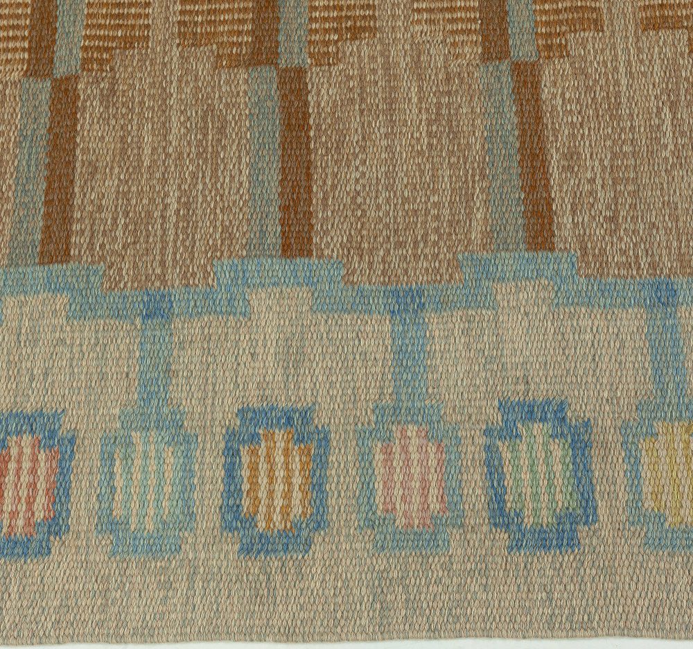 Mid-20th Century Beige, Aqua, Brown Swedish Flat-Weave Wool Rug Signed by AGA BB5910