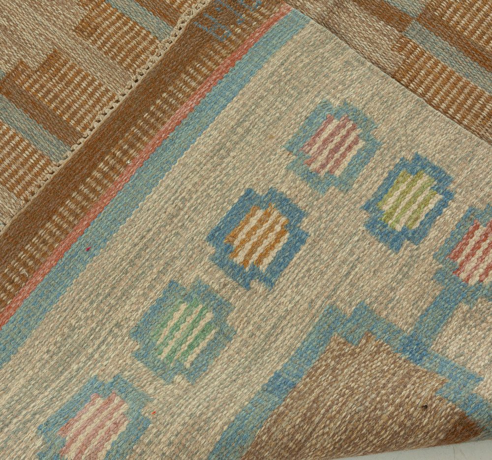 Mid-20th Century Beige, Aqua, Brown Swedish Flat-Weave Wool Rug Signed by AGA BB5910