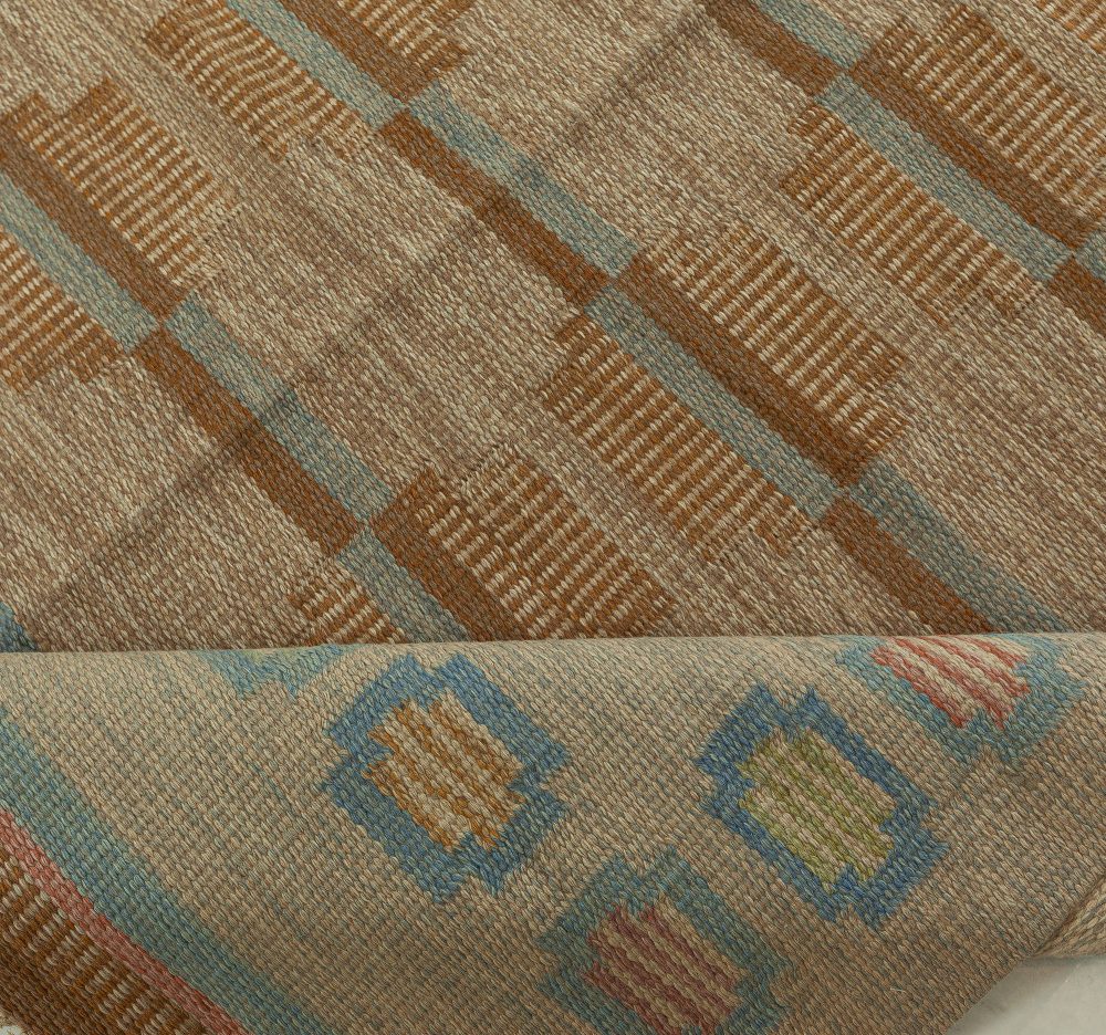 Mid-20th Century Beige, Aqua, Brown Swedish Flat-Weave Wool Rug Signed by AGA BB5910