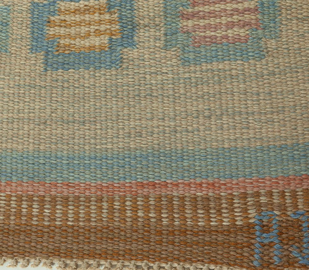 Mid-20th Century Beige, Aqua, Brown Swedish Flat-Weave Wool Rug Signed by AGA BB5910