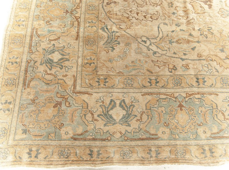 Early 20th Century Persian Tabriz Floral Brown, Beige and Blue Handmade Wool Rug BB5913