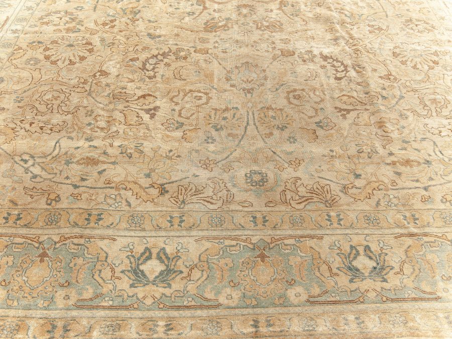 Early 20th Century Persian Tabriz Floral Brown, Beige and Blue Handmade Wool Rug BB5913