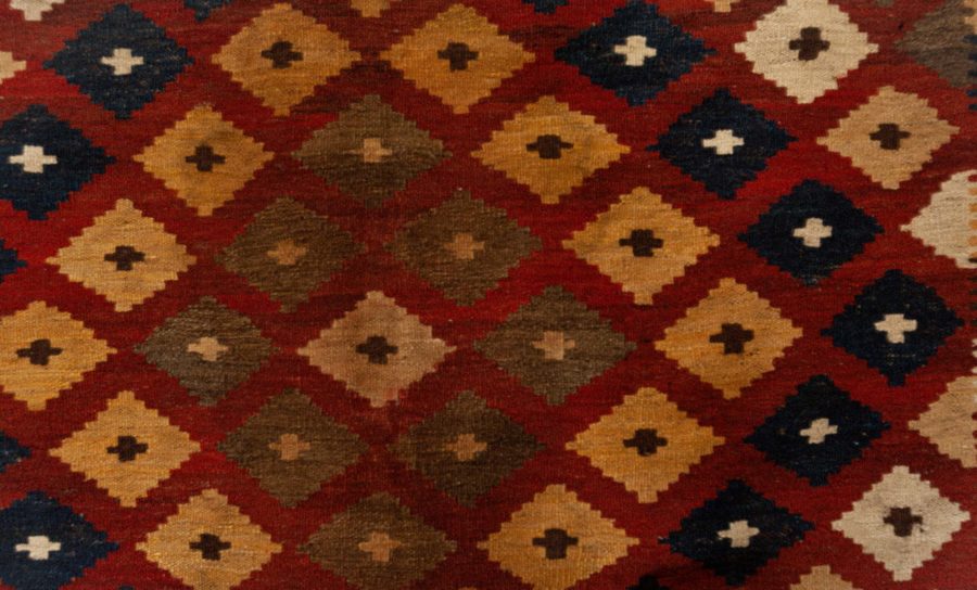 Vintage Bold, Yellow, Gray, Blue and Red Hand Knotted Wool Kilim Rug BB5943