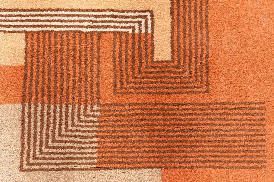 Authentic French Art Deco Orange Handmade Wool Rug BB5963