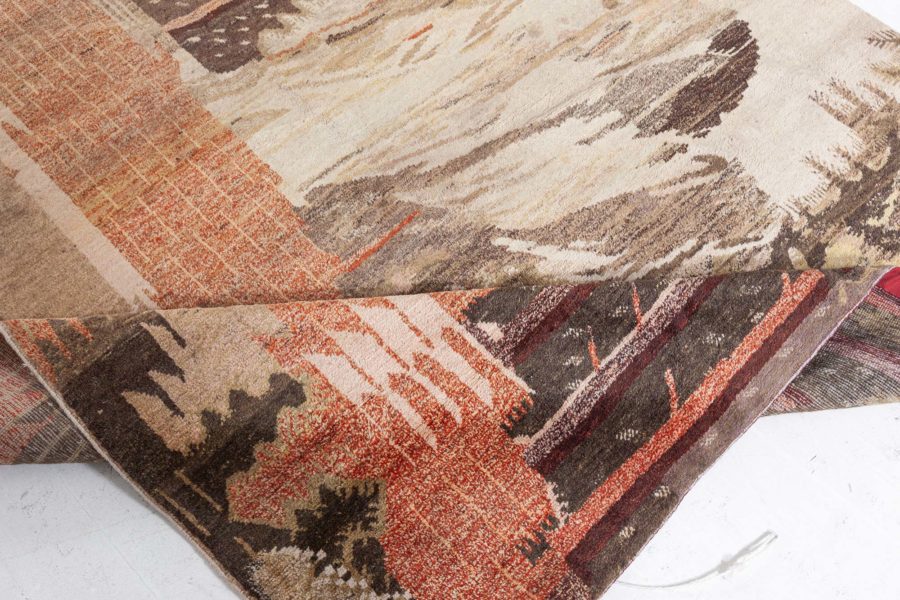 Vintage Landscape Samarkand Handmade Wool Rug in Brown, Beige & Orange BB6051
