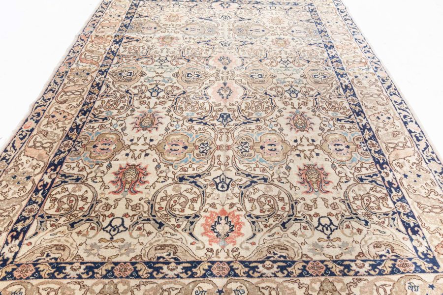 Midcentury Persian Tabriz Copper, Beige, Salmon and Inky Blue Handmade Wool Rug BB6097