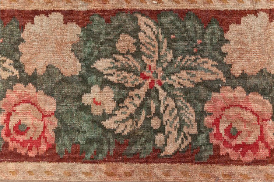19th Century Bessarabian Brick Red, Green, Pale Moss and Pink Handmade Rug BB6135