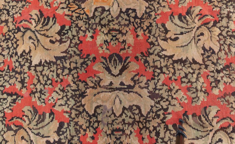 19th Century Bessarabian Brick Red, Green, Pale Moss and Pink Handmade Rug BB6135