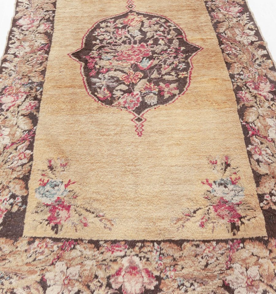 Early 20th Century Karabagh Black and Pink Flower Design Handmade Wool Rug BB6180