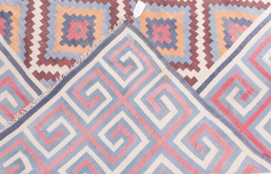 Mid-20th Century Oversized Indian Dhurrie Geometric Colorful, Pink Handmade Rug BB6191