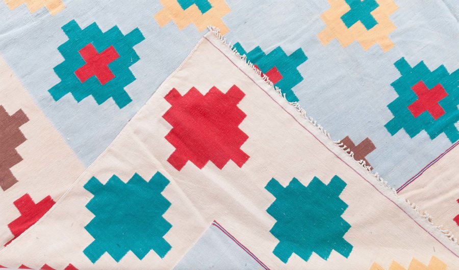 Mid-20th Century Colorful Diamonds Indian Dhurrie Handmade Cotton Rug BB6193