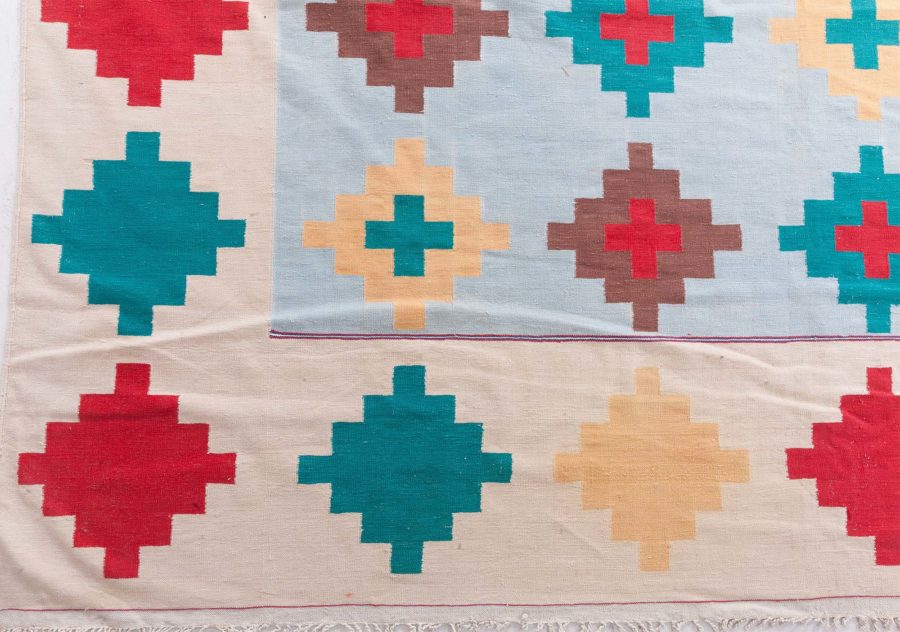 Mid-20th Century Colorful Diamonds Indian Dhurrie Handmade Cotton Rug BB6193