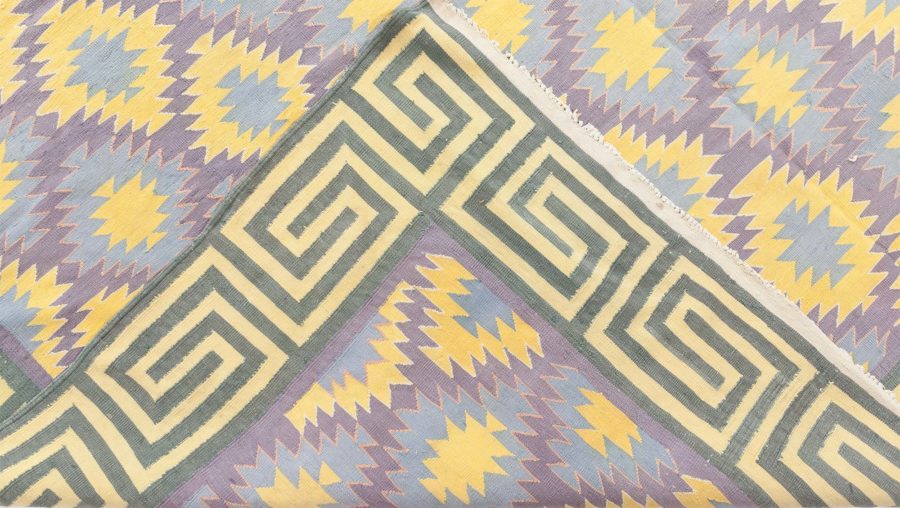 Oversized Mid-20th Century Indian Dhurrie Blue, Purple, Yellow Cotton Rug BB6196