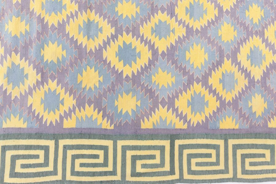 Oversized Mid-20th Century Indian Dhurrie Blue, Purple, Yellow Cotton Rug BB6196