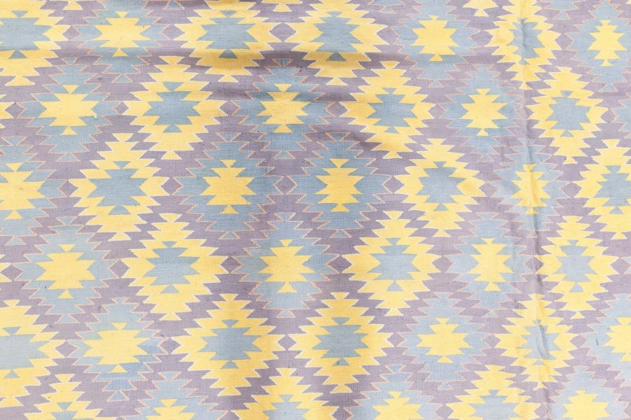 Oversized Mid-20th Century Indian Dhurrie Blue, Purple, Yellow Cotton Rug BB6196