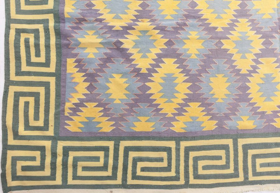 Oversized Mid-20th Century Indian Dhurrie Blue, Purple, Yellow Cotton Rug BB6196