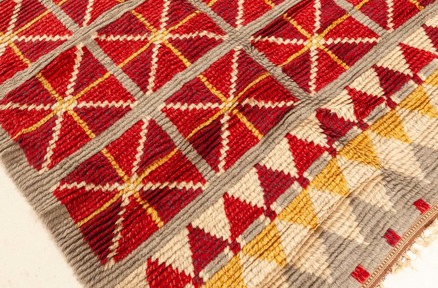 Mid-20th century Swedish Bold Red, Gray, White, Yellow Hand Knotted Wool Rug BB6238