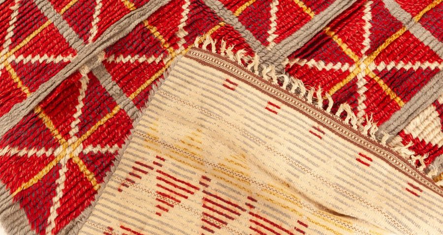 Mid-20th century Swedish Bold Red, Gray, White, Yellow Hand Knotted Wool Rug BB6238