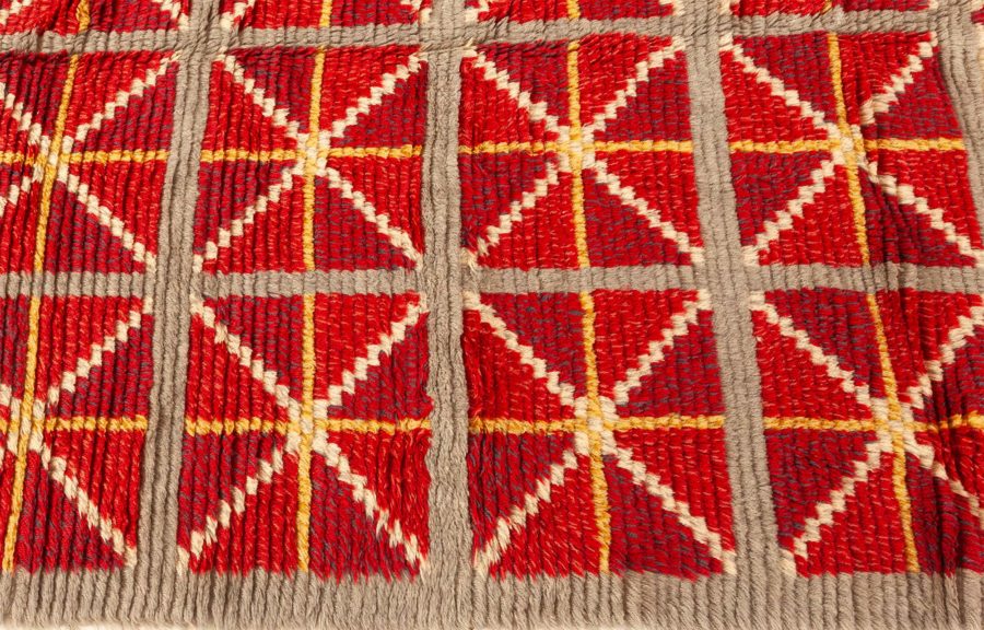 Mid-20th century Swedish Bold Red, Gray, White, Yellow Hand Knotted Wool Rug BB6238