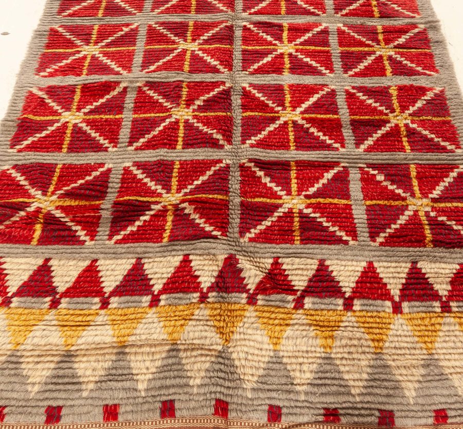 Mid-20th century Swedish Bold Red, Gray, White, Yellow Hand Knotted Wool Rug BB6238