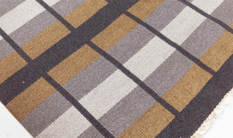 Midcentury Swedish Light Gray and Khaki Reversible Flat-Weave Rug BB6241